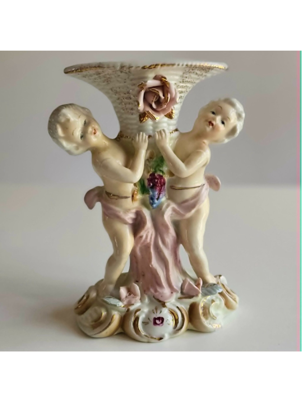 Porcelain Double Cherub Figural Vase Basketweave Grapes & Rose Gilt 6.25"